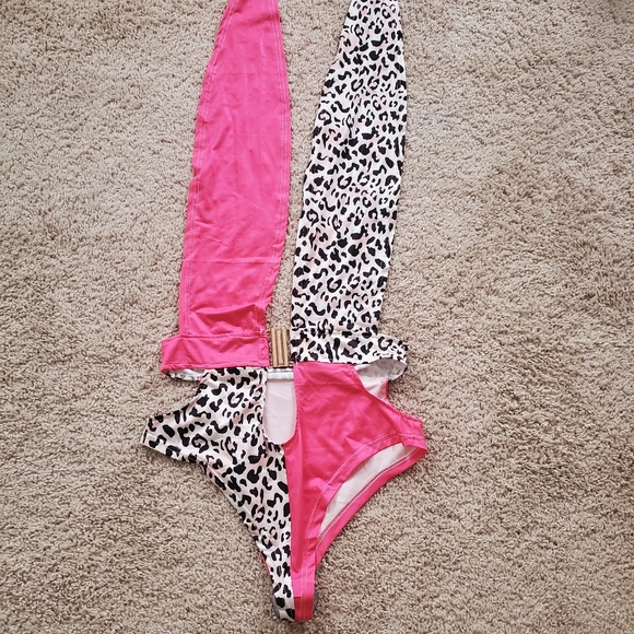Women's Leopard One Piece Neck Tie Swimsuit Size Large - Picture 2 of 7